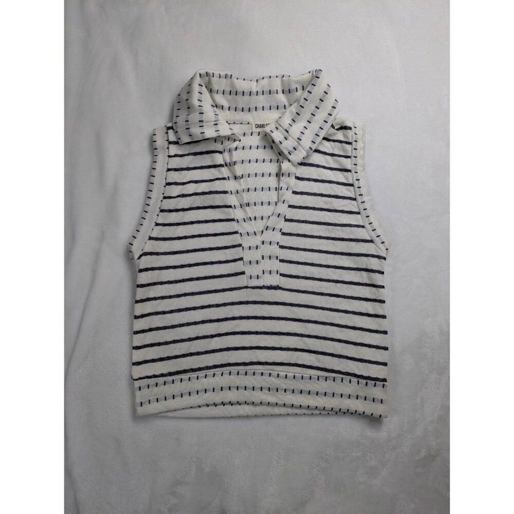 Charlotte Avery Striped Sleeveless Polo Shirt Womens Small S V-Neck Knit Tank